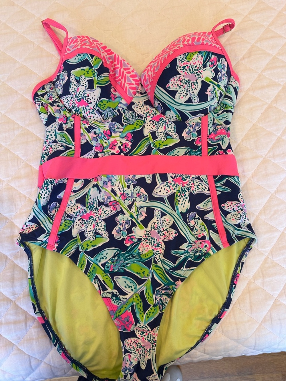 Lilly Pulitzer Navy Floral One-Piece Swimsuit with Pink Trim